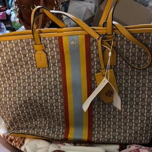 Tory Burch Yellow and Red Tote Bag with Sporty Stripes